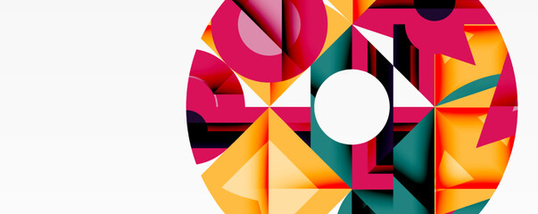 Abstract geometric composition. Shapes overlap, creating vibrant colorful circular design. White space dominates left side.