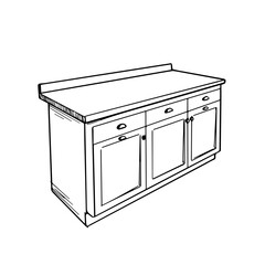 Kitchen island design with three drawers and three doors.  Detailed kitchen island sketch shows wooden construction with simple handles.