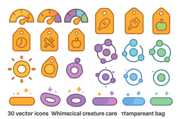 Colorful vector icons for whimsical creature care with tags, meters, and sparkles