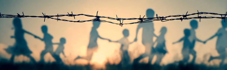 Double exposure silhouette of barbed wire with transparent overlay of diverse children playing in slow motion, vintage faded filter effect, conceptual contrast of freedom and restriction.