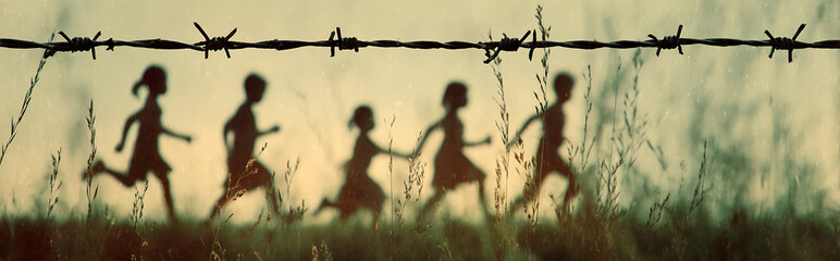 Double exposure silhouette of barbed wire with transparent overlay of diverse children playing in slow motion, vintage faded filter effect, conceptual contrast of freedom and restriction.