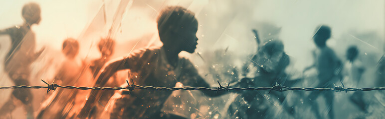 Double exposure silhouette of barbed wire with transparent overlay of diverse children playing in slow motion, vintage faded filter effect, conceptual contrast of freedom and restriction.
