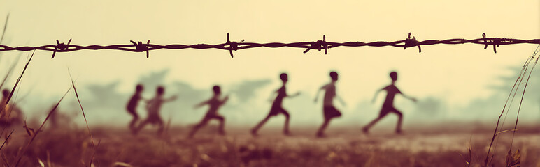 Double exposure silhouette of barbed wire with transparent overlay of diverse children playing in slow motion, vintage faded filter effect, conceptual contrast of freedom and restriction.