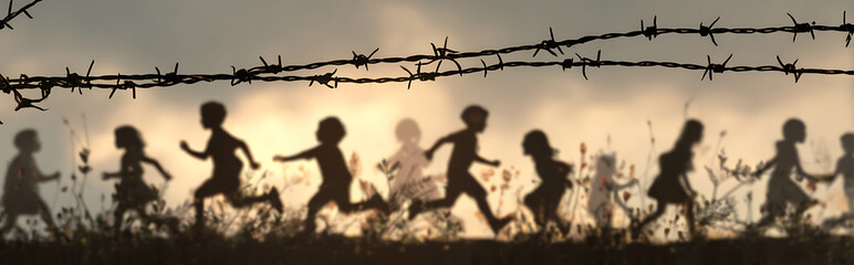 Double exposure silhouette of barbed wire with transparent overlay of diverse children playing in slow motion, vintage faded filter effect, conceptual contrast of freedom and restriction.