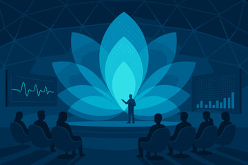 Futuristic wellness seminar with lotus visuals and data screens