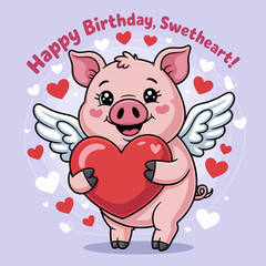 Happy Birthday Pig with Heart and Wings