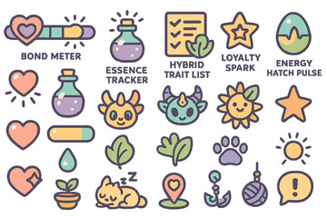 Colorful game UI icons with fantasy pets and progress elements