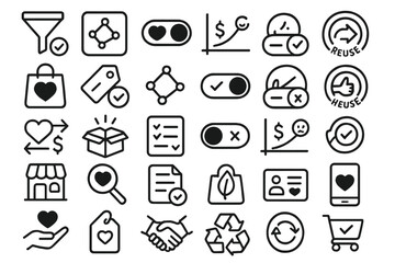 Minimalist eco-shopping and sustainability icon set on dark background