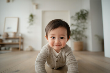 Smiling toddler crawling on wooden floor in bright modern room with cozy, simple decor