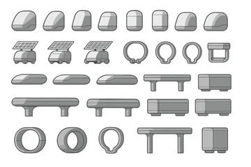 Set of gray-scale icons featuring futuristic vehicles and objects.