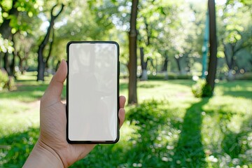 High Resolution Visual of Close Up of Hand Holding Mobile Phone in Park