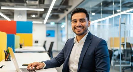 Obraz premium Confident Businessman Smiling in Modern Office Environment, Symbolizing Professional Success and Forward-Thinking Workplace Collaboration