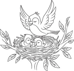 Obraz premium bird in nest with baby line art transparent background illustration