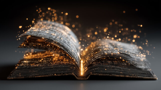Open book with glowing pages transforming into digital data streams, symbolizing the fusion of education and technology