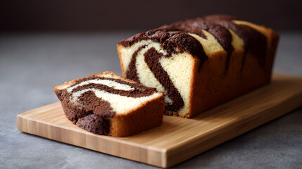 Close-up of marble pound cake with chocolate and vanilla swirl, sliced on wooden cutting board.
