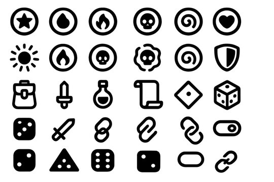 Black RPG icon set featuring elements, items, dice, and status symbols