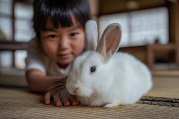 Asian baby gently petting white rabbit indoors, minimalist Japanese-style room, soft tatami mat, natural light