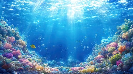 Fototapeta premium Sunlight filters into blue water, illuminating colorful coral reef and small fish. Use it for educational content, ocean conservation, or tropical vacation imagery.