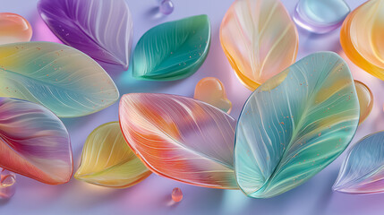 Abstract leaf shapes made of translucent recycled plastic floating on a soft pastel background, symbolizing sustainable beauty