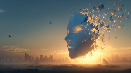 Glowing mask transforming into butterflies above sunrise city, symbolizing healing