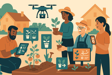 In a sunny suburban community garden, four diverse gardeners collaborate using cutting-edge technology