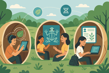 Children exploring biology and botany in outdoor learning pods