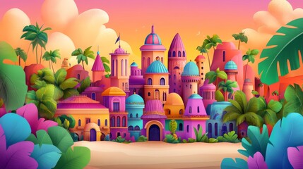 Vibrant Fantasy Cityscape at Sunset
