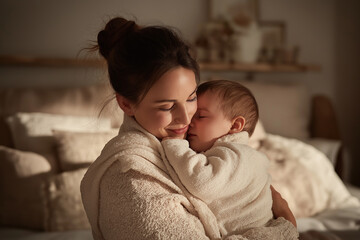 Mom holding baby close in softly lit nursery, gentle blankets, serene loving atmosphere