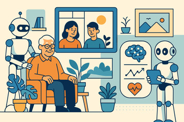 Elder care scene with friendly robots assisting and monitoring health via tablet