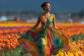 Young woman spinning in a field of giant tulips, flowing rainbow dress, bright sunlight, vivid colors, joyful mood