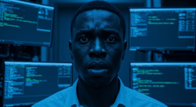 Intense Programmer Stares at Camera Surrounded by Code on Multiple Monitors - Powered by Adobe