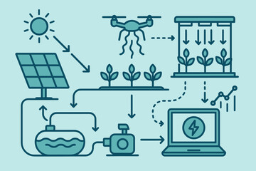 Line-style infographic of smart farming with solar power and automation