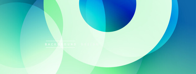 Abstract background features overlapping translucent circles. Colors range from teal to blue, creating dynamic visual effect. Minimalist design.