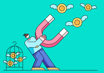 A person attracting flying coins with a magnet, symbolizing income, financial success, and smart money.
