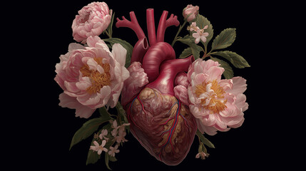 Human heart blooming with roses and peonies, delicate petals growing from arteries, symbol of emotional beauty