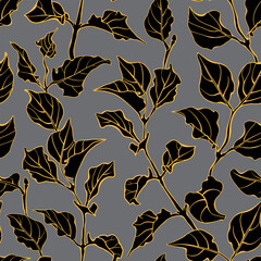 Floral seamless pattern. Black leaves and branches on gray backround. Vector illustration.