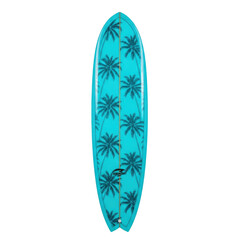 A vibrant turquoise surfboard features a repeating pattern of dark palm trees, evoking a tropical summer vibe. Ideal for water sports, beach vacations, and coastal themes.