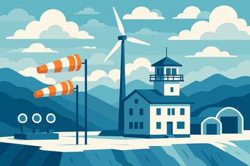 Stylized airbase with control tower, wind turbine, windsocks, and mountain backdrop