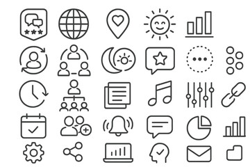 Set of line icons for communication, data tracking, media, notifications, and organization, ideal for modern digital platforms.