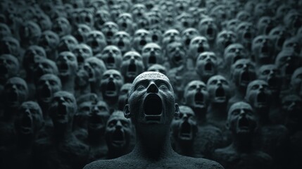Obraz premium Crowd of Faceless Figures Screaming Silently Behind a Calm Central Figure in a Dark Setting