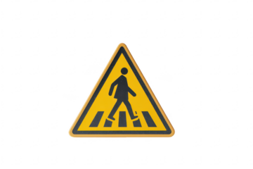 Yellow triangular caution sign with a black pedestrian figure on a crosswalk