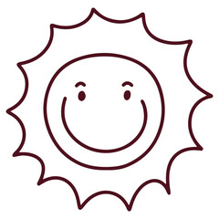 Outlined sun with wavy zigzag edges and wide smiling face, minimalist character in monochrome style