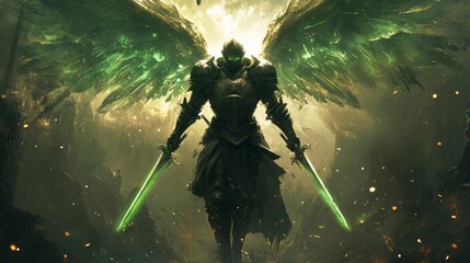 Epic Fantasy Warrior with Green Wings and Swords