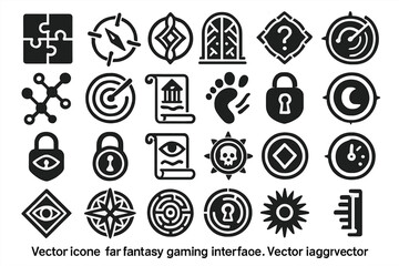 Fantasy game UI icons on silver background with locks, scrolls, and compasses