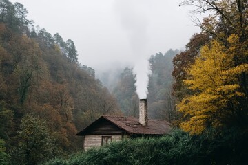 Smoke curls from a rustic cabin nestled in misty autumn woods, evoking Samhain whispers and Hygge warmth