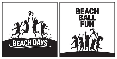 Kids Playing with Beach Ball Silhouette, Minimal Black Vector on White Summer Scene