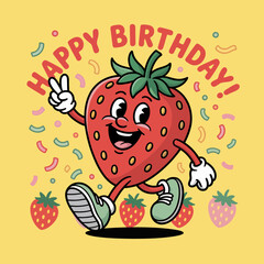 Strawberry Character Running Happy Birthday