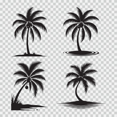 Tropical Coconut Palm Tree Silhouette in Summer Breeze, Minimal Black Vector on White