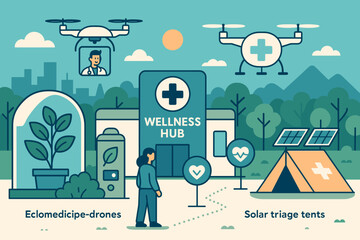 Illustration of a modern wellness hub with medical drones and solar triage tents
