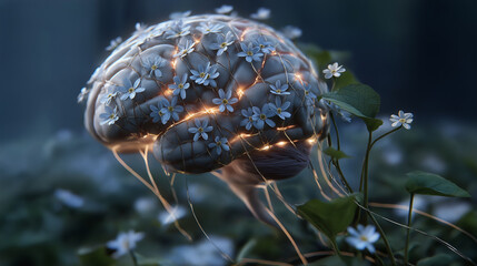 Brain entwined with wildflowers and ivy, neurons glowing softly like dewdrops, symbolizing organic thought